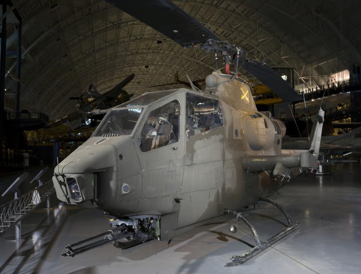 Front of Bell AH-1F Cobra helicopter in museum