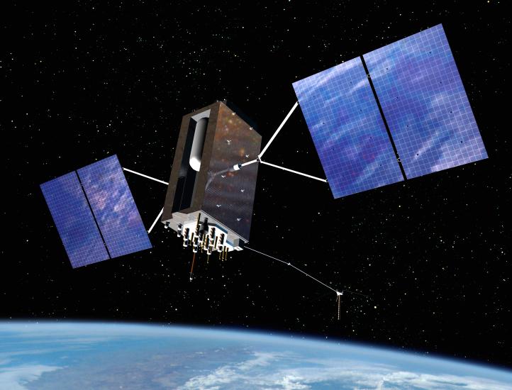 A GPS satellite, a box-shaped base with two sets of solar panels, in orbit.