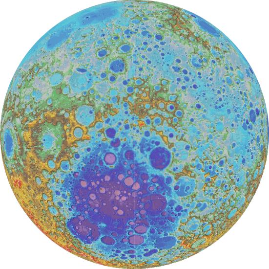 Topography elevation map of the Moon's south pole region. The South Pole region is reflected in dark blue and purple colors, representing a low-elevation area.