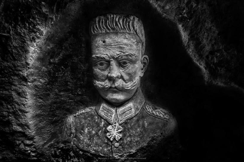 Stone carving portrait of Paul von Hindenburg, Chief of German General Staff during World War I. The stone carving is found in a trench dug out during World War I.