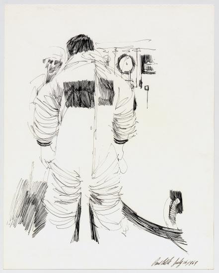 Line drawing of the back of an astronaut receiving help from a technician in front. 