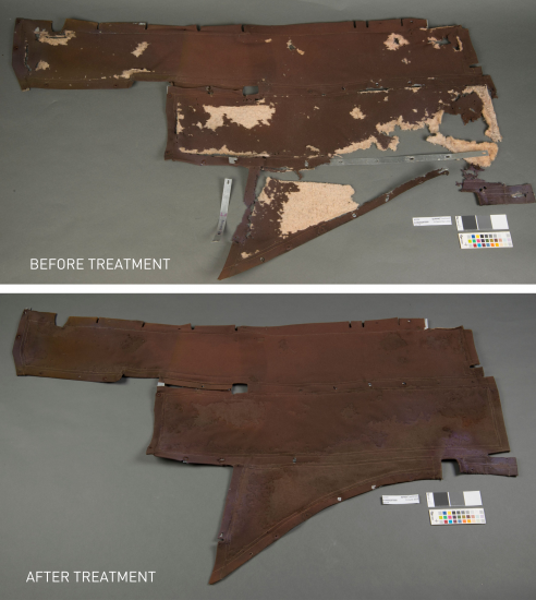 Two photos of the same brown fabric panel; top photo shows wear and discoloration; bottom panel is recently conserved