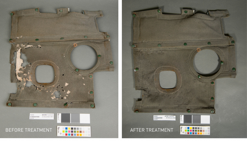 two photos of the same panel, before and after conservation