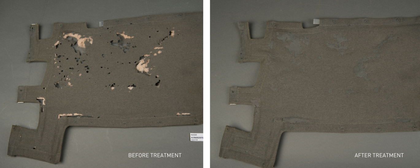 two photos of a fabric panel, one before conservation one after