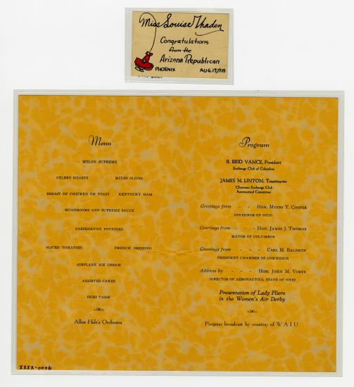 A menu for Aeronautical Banquet honoring the fliers in the Women's Air Derby.