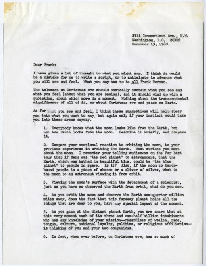 Three-page letter from Simon Bourgin to Frank Frederick Borman II, dated December 13, 1995, discussing what Borman might say during the television broadcast during the Apollo 8 flight. 