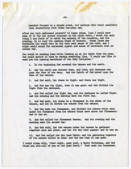 Three-page letter from Simon Bourgin to Frank Frederick Borman II, dated December 13, 1995, discussing what Borman might say during the television broadcast during the Apollo 8 flight. 