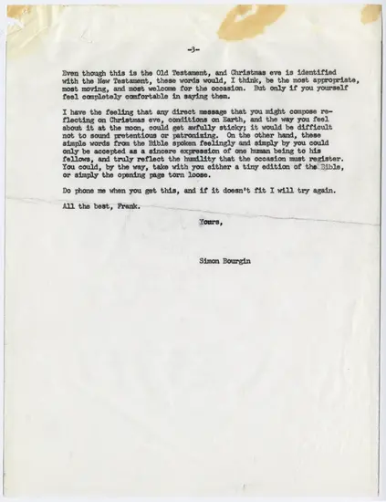 Three-page letter from Simon Bourgin to Frank Frederick Borman II, dated December 13, 1995, discussing what Borman might say during the television broadcast during the Apollo 8 flight.