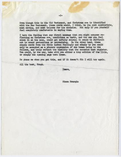 Three-page letter from Simon Bourgin to Frank Frederick Borman II, dated December 13, 1995, discussing what Borman might say during the television broadcast during the Apollo 8 flight.