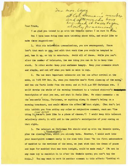 Letter from Simon Bourgin to Frank Frederick Borman II, dated December 13, 1995, discussing what Borman might say during the television broadcast during the Apollo 8 flight. 