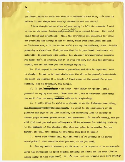 Letter from Simon Bourgin to Frank Frederick Borman II, dated December 13, 1995, discussing what Borman might say during the television broadcast during the Apollo 8 flight. 