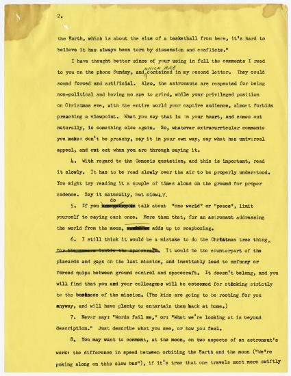 Letter from Simon Bourgin to Frank Frederick Borman II, dated December 13, 1995, discussing what Borman might say during the television broadcast during the Apollo 8 flight. 