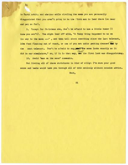 Letter from Simon Bourgin to Frank Frederick Borman II, dated December 13, 1995, discussing what Borman might say during the television broadcast during the Apollo 8 flight. 