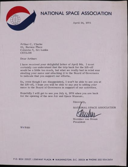 Typewritten letter on letterhead of National Space Association (written in lowercase). Upper left corner graphic design: circle made of upper red crescent, blue crescent turning into an arrow, with a stylized globe made of latitude and longitude lines. 