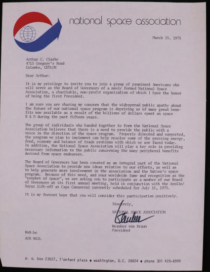 Typewritten letter on letterhead of National Space Association (written in lowercase). Upper left corner graphic design: circle made of upper red crescent, blue crescent turning into an arrow, with a stylized globe made of latitude and longitude lines. 