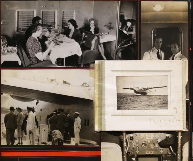 Scrapbook page with photos of dinner, cockpit, stewards, and Christmas card