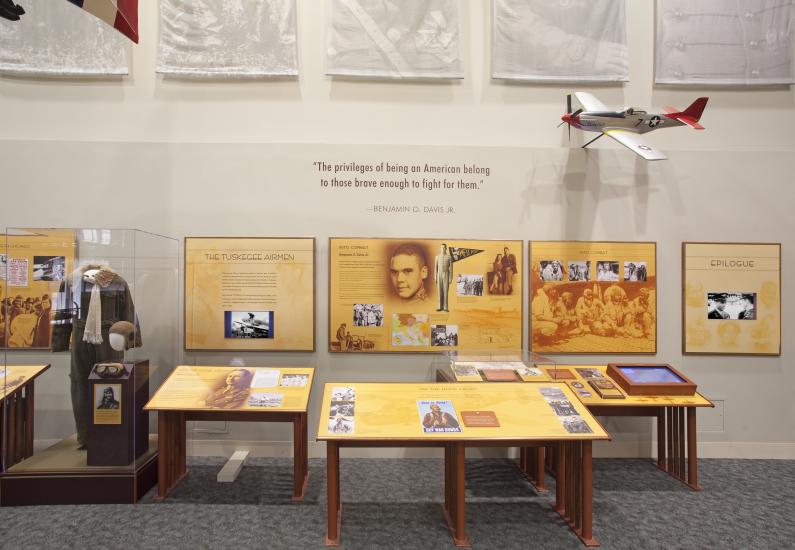 Exhibits panels featuring African American pilots