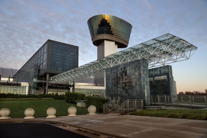 Photo of the Udvar-Hazy Center exterior at dusk