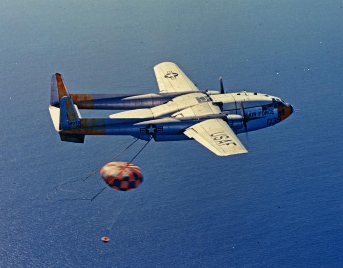 An Air Force C-119 Catching a Returning Capsule in Midair