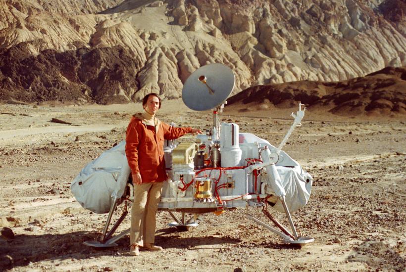 Carl Sagan in Front of the Viking Lander Mockup