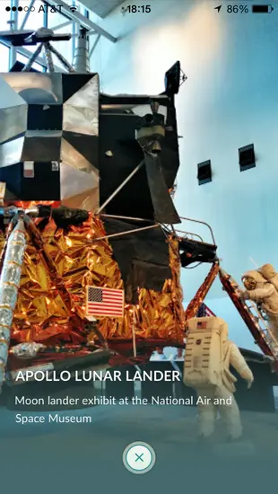 View from the Pokemon Go mobile game of the Lunar Module gym. 