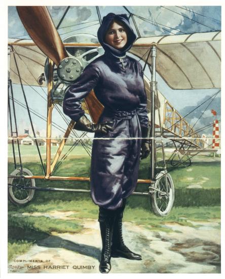 Color post of Harriet Quimby in purple flight suit, posing in front of airplane.