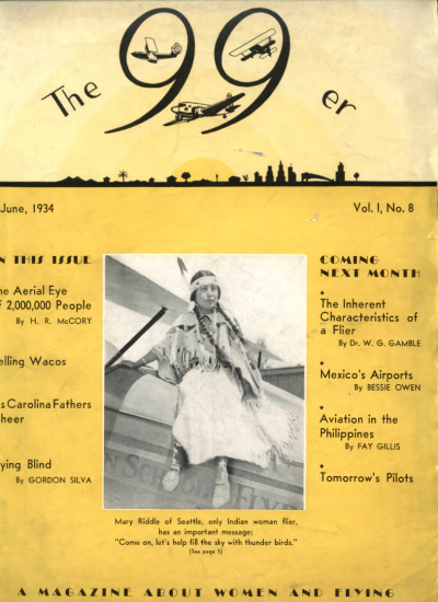 The cover of the June 1934 Ninety-Nines magazine. Pictured is Mary Riddle, the first Native American woman to earn her pilot’s license.