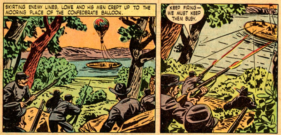 Colorful comic book rendition of balloon in combat. 