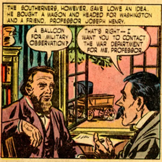 Colorful comic book rendition of balloon in combat. 