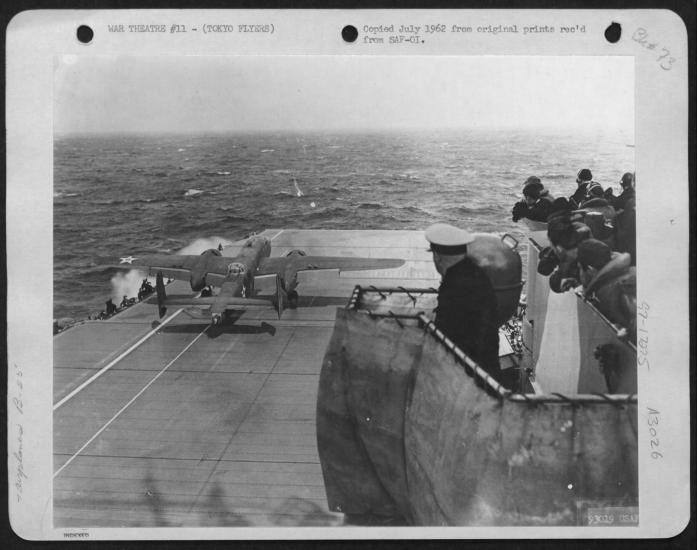 Lt. Gen. Jimmy Doolittle in his B-25 “Whirling Dervish” making his take off from the deck of the U.S.S. Hornet to make the first aerial attack on Tokyo on April 18, 1942.