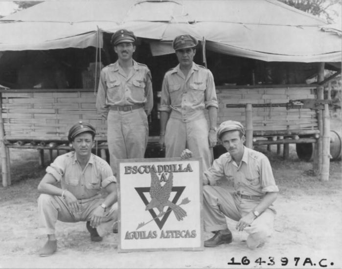 A Flight of 201 Squadron “Aztec Eagles” pose in front of their logo