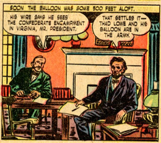 Colorful comic book rendition of balloon in combat. 