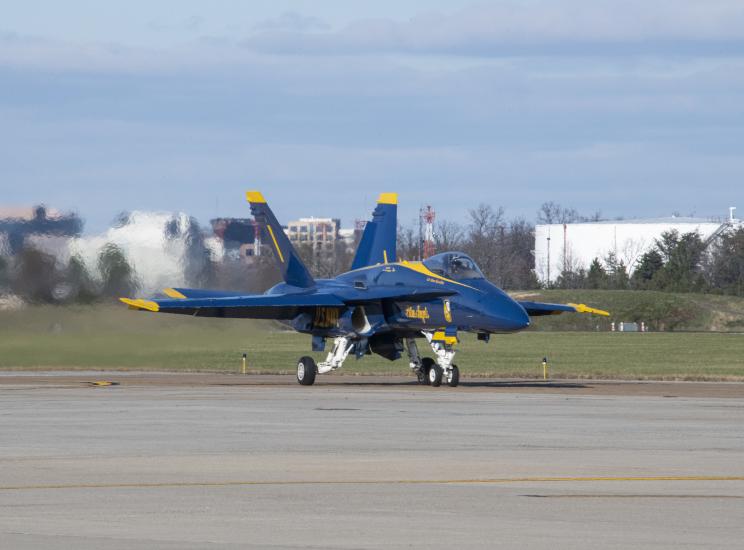 Blue Angels F/A-18C Hornet taxis after landing at Dulles International Airport