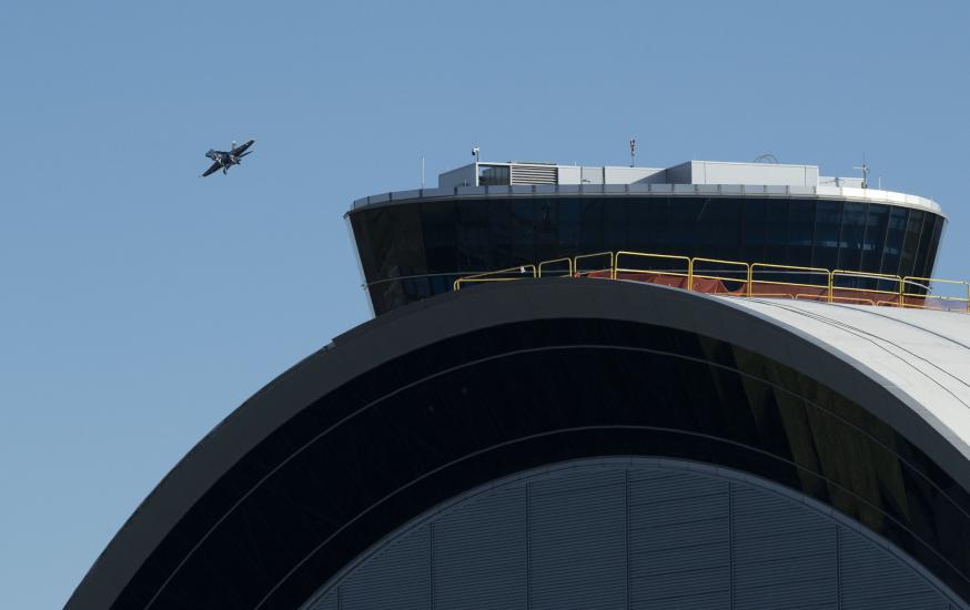 The F/A-18C Hornet, of the U.S. Navy Blue Angels, on its last flight as it joins the National Air and Space Museum’s collection