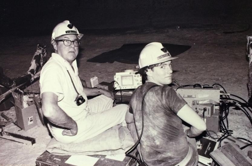 Dr. Robert Unterberger on the left and Bruce Campbell on the right test the "Golf" radar. 