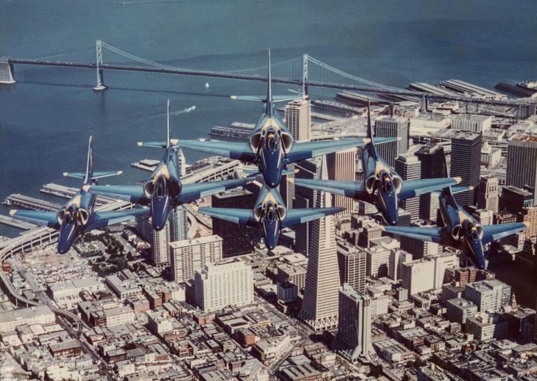 Blue Angels in formation flying over San Francisco