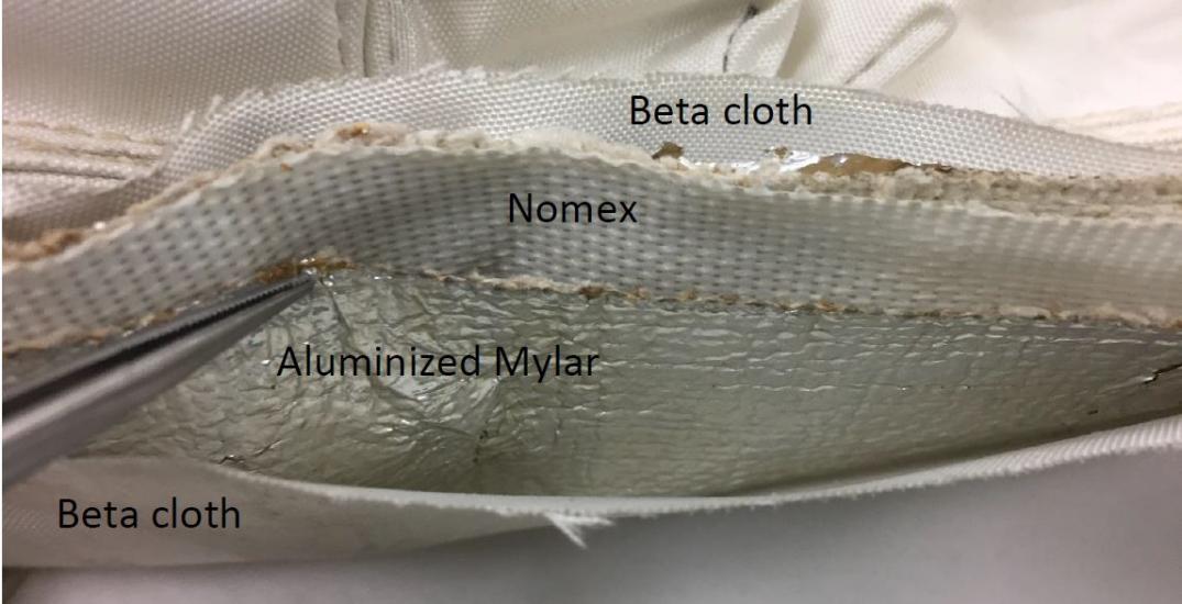 Detail view of the layered construction of the medical kit container. 