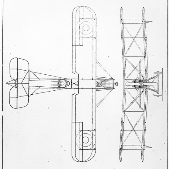 A line drawing of a biplane