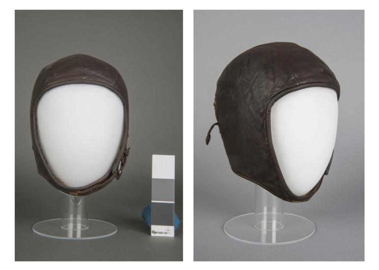 Helmet, Flying, Anne Morrow Lindbergh. Front (left) and proper right side (right)