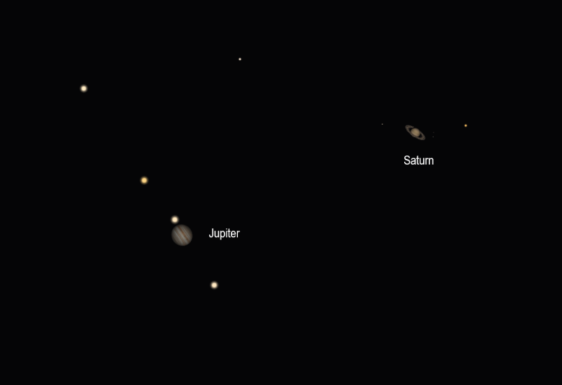 Illustration of Jupiter and Saturn during the great conjunction of 2020