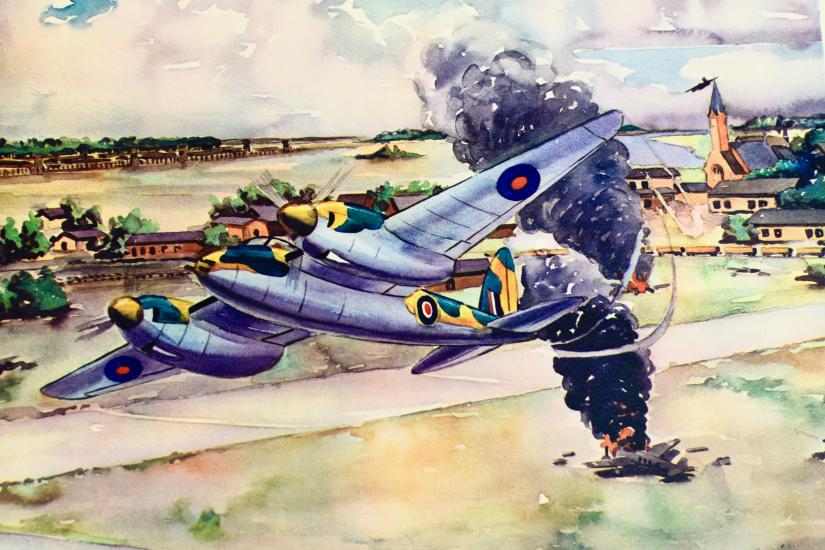 Watercolor of aircraft that had just been hit in the sky. 