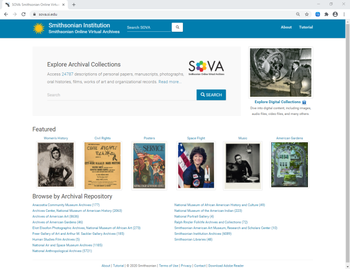 Screenshot of the home page of the Smithsonian Online Virtual Archives. Search bar at top. Digital Image at Right. SOVA icon in the middle. Six thumbnail images and list of repositories.