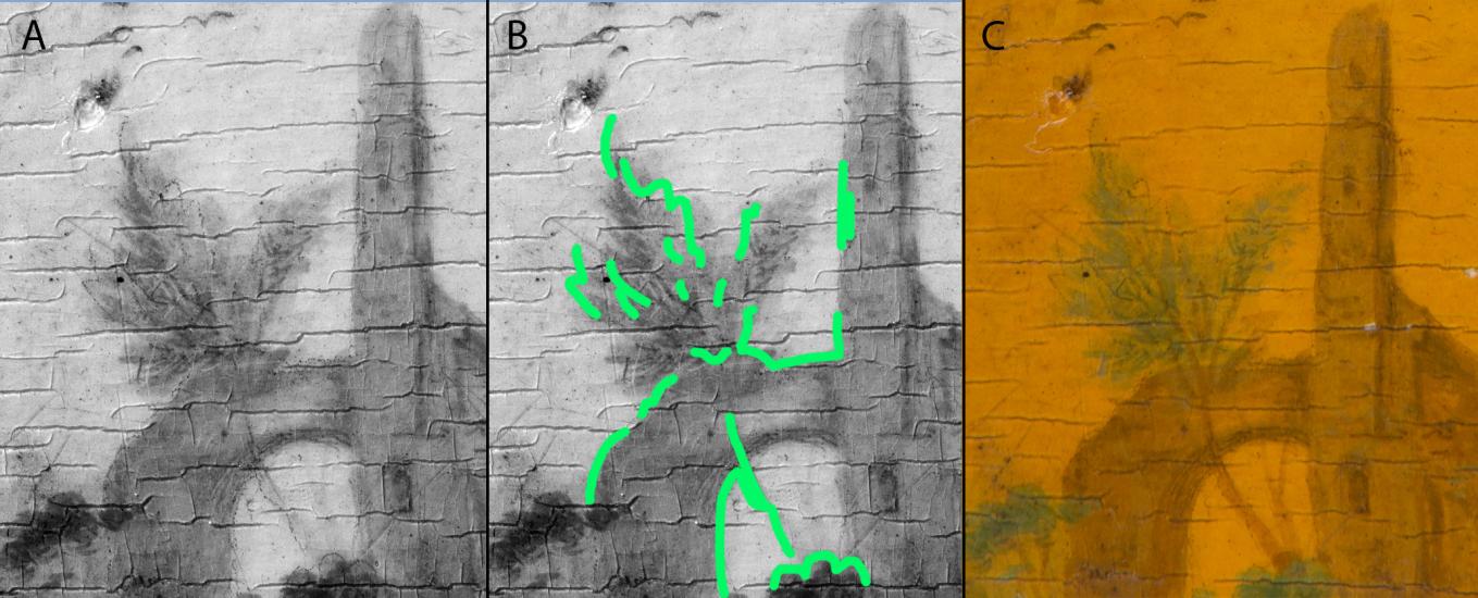 An image from an infrared light showing the artist's preparatory sketch.