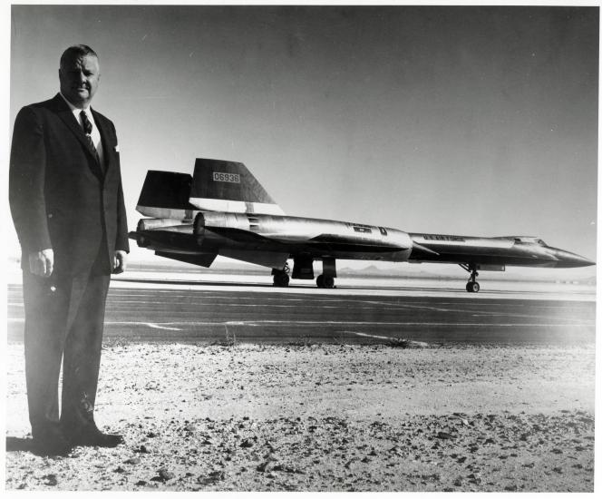 Kelly Johnson in foreground with YF-12A Blackbird in background