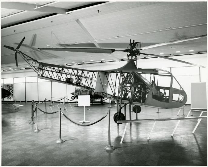 Helicopter on display in building