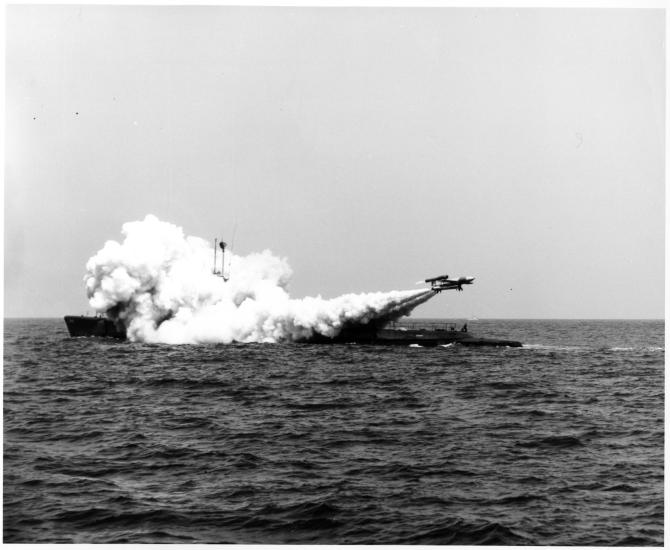 A Loon Missile moments after launch from the US Navy submarine USS Cusk as part of Project DERBY 