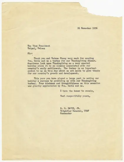 1956 Thank You Letter from Benjamin O. Davis