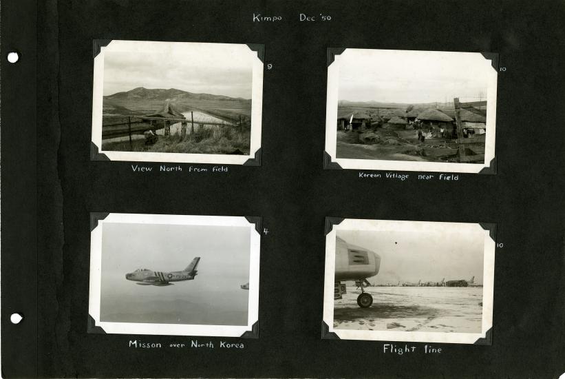 Black scrapbook page, four mounted photographs. Upper left: view of fields, a range of hills, a canal and a bridge. Upper right: villagers among thatched huts. Lower left: Left side view of Sabre in flight. Lower right: right side of aircraft more in back