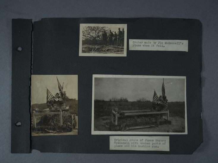 Three photographs of a crater and a grave