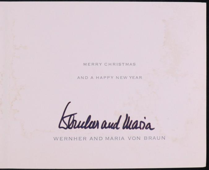 White Card - Text: "Merry Christmas and a Happy New Year. Wernher and Maria Von Braun" with signature